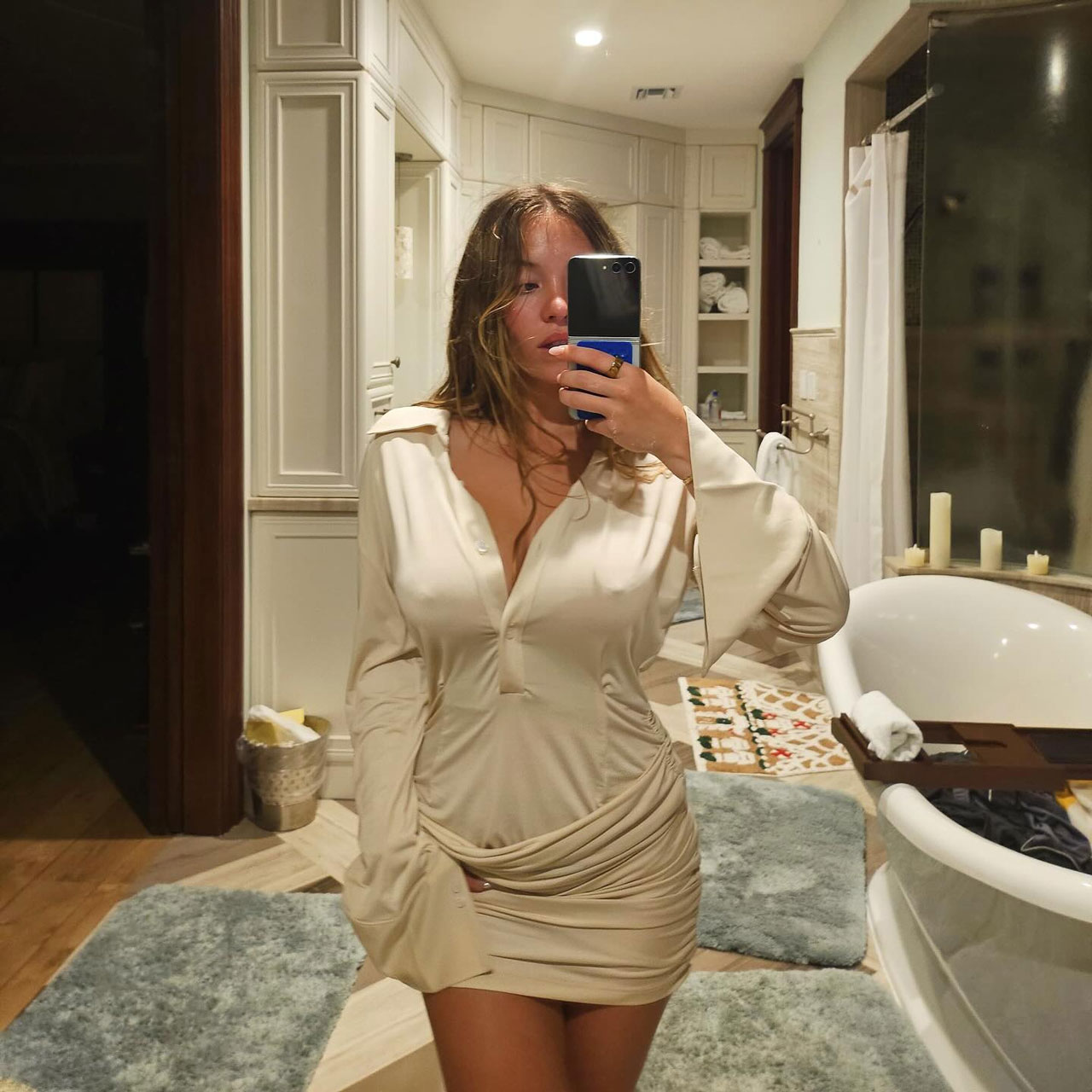 Sydney Sweeney white dress mirror selfie Instagram