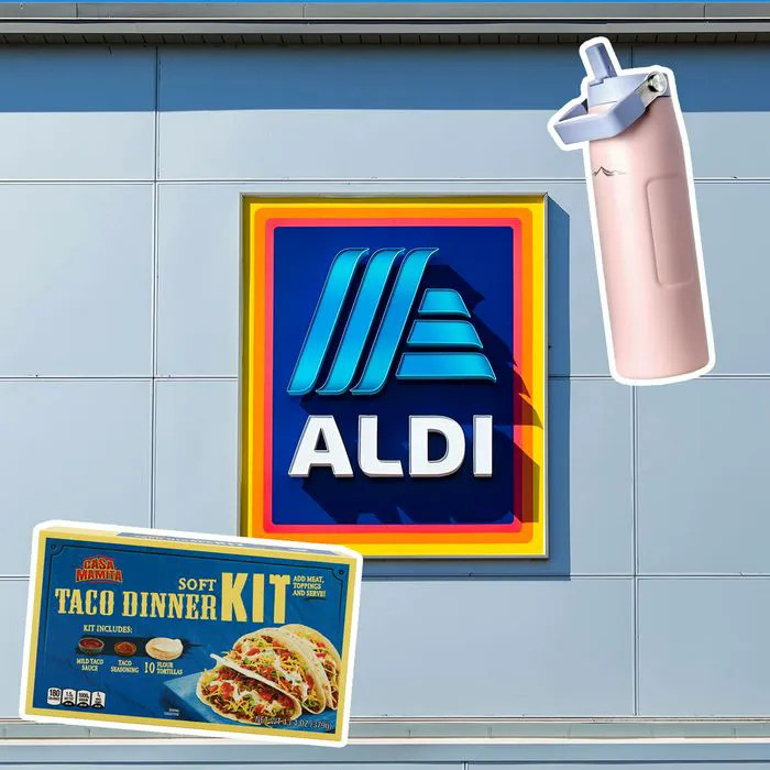 Aldi storefront showcasing spring beauty merchandise.