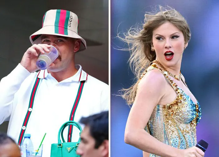 Taylor Swift and Travis Kelce sipping a cocktail