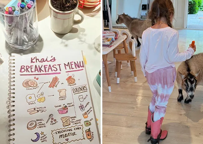 Gigi Hadid Instagram photos of daughter Khai breakfast and tie dye pants