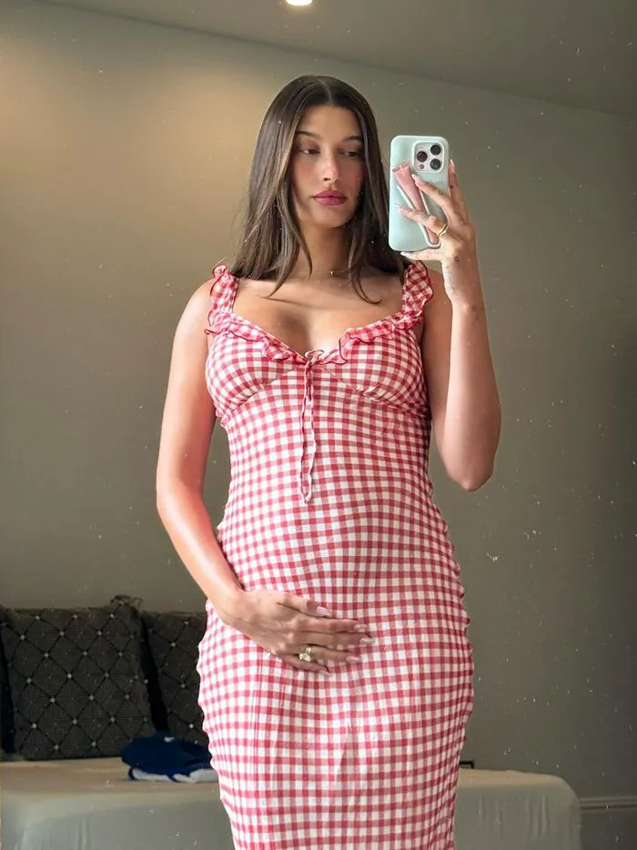 Hailey Bieber pregnant red gingham dress
