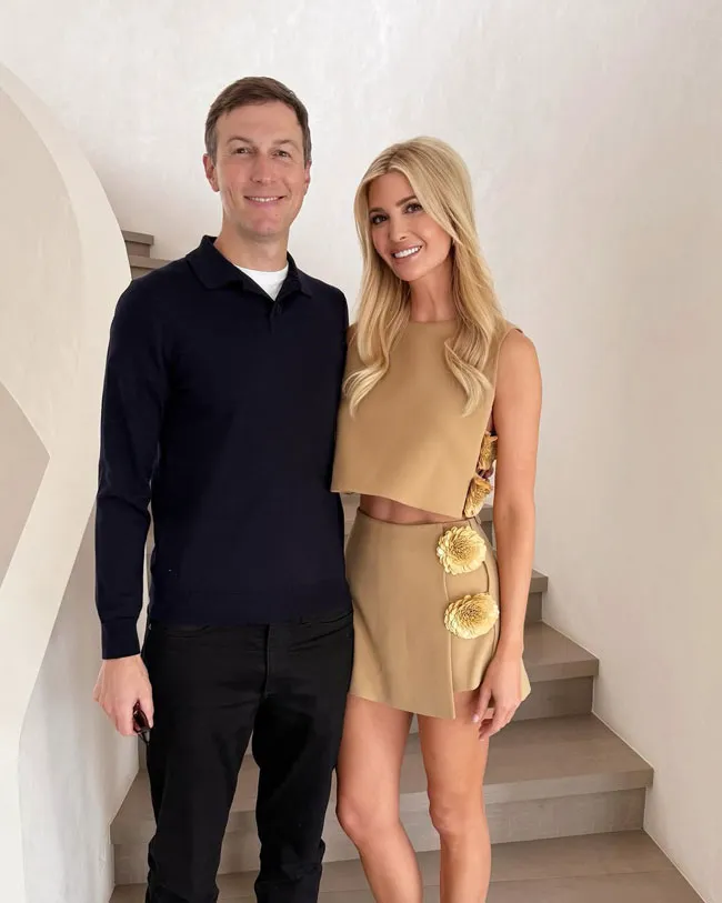 Ivanka Trump tan mini skirt set posing with Jared Kushner in Miami