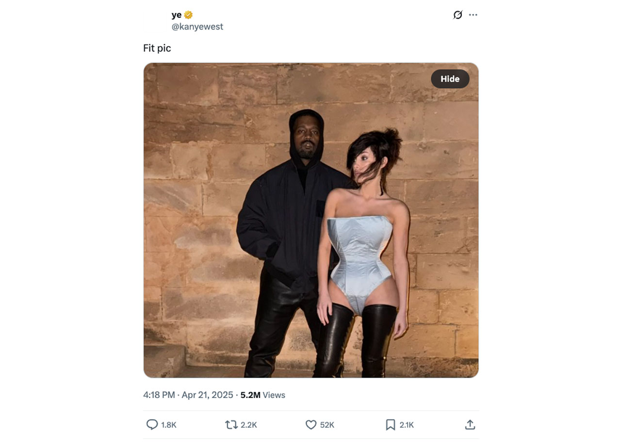 "Kanye West tweet featuring Bianca Censori in silver corset"