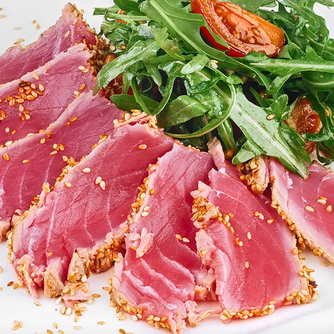 "Fatty tuna with arugula salad"