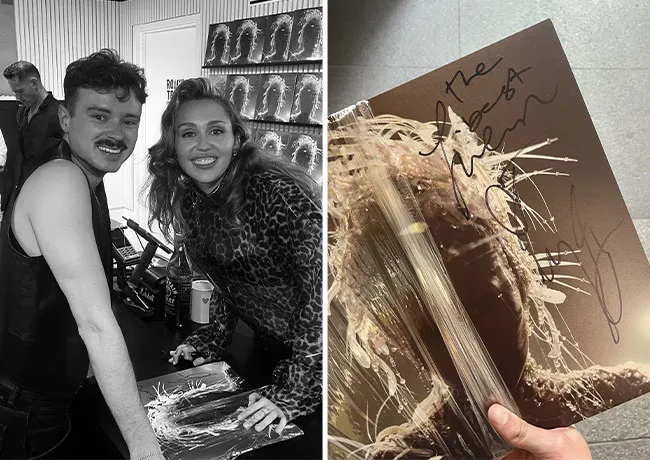 Miley Cyrus signs album with fan Liam Torterra