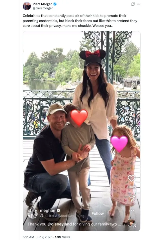 Prince Harry Meghan Markle Prince Archie Princess Lilibet at Disneyland Piers Morgan tweet