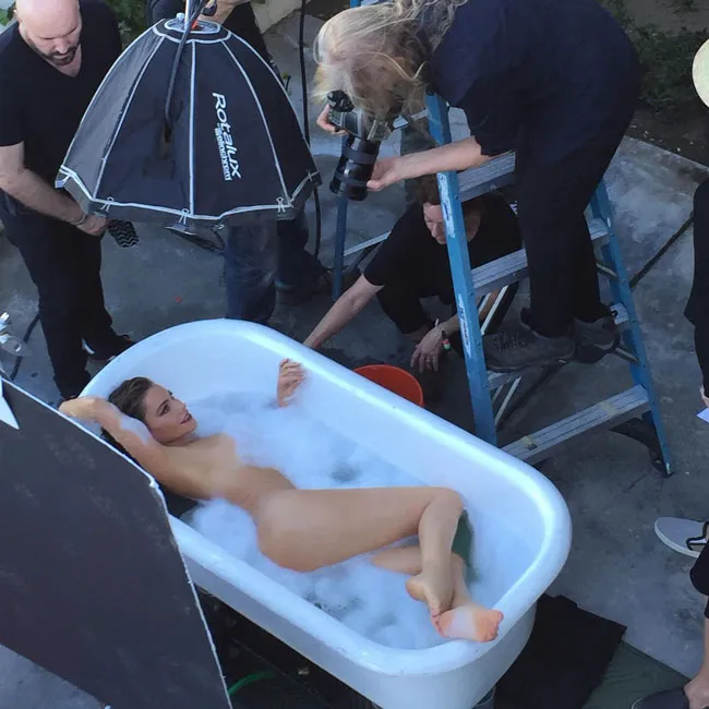 Sofia Vergara posing in a bathtub behind the scenes Vanity Fair shoot