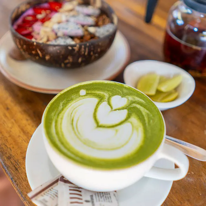 breakfast spread with matcha and acai bowl