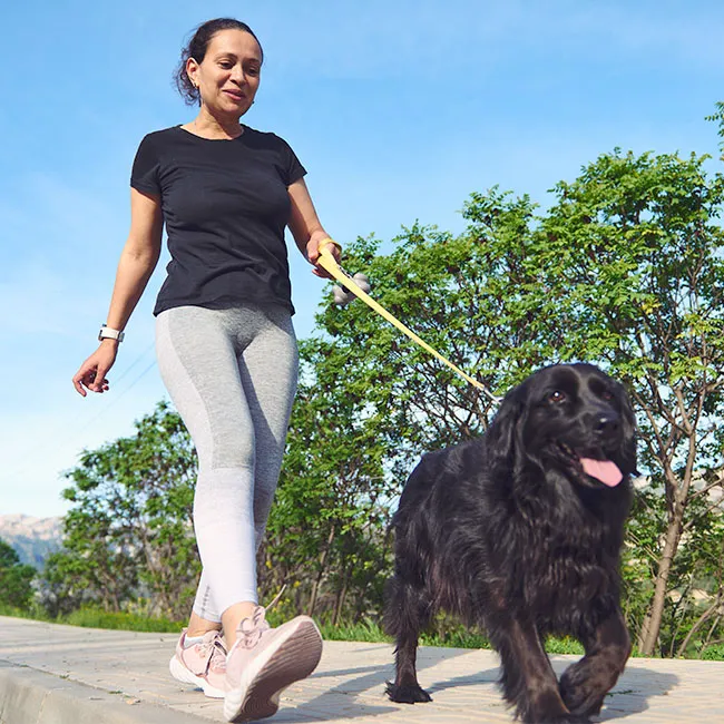 "Woman going for a morning walk with her dog"