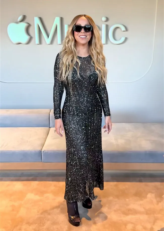 "Mariah Carey in a glittery mesh dress at Apple Music 10th Anniversary Bash"