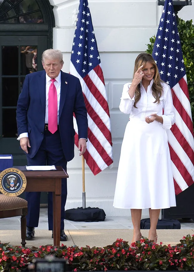 Melania Trump and Donald Trump on the South Lawn at the White House July 4 2025