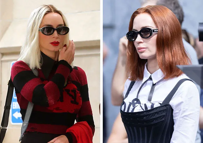 "Emily Blunt with new platinum blonde hair on the set of The Devil Wears Prada 2"