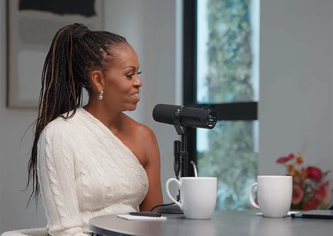 Michelle Obama white sweater podcast
