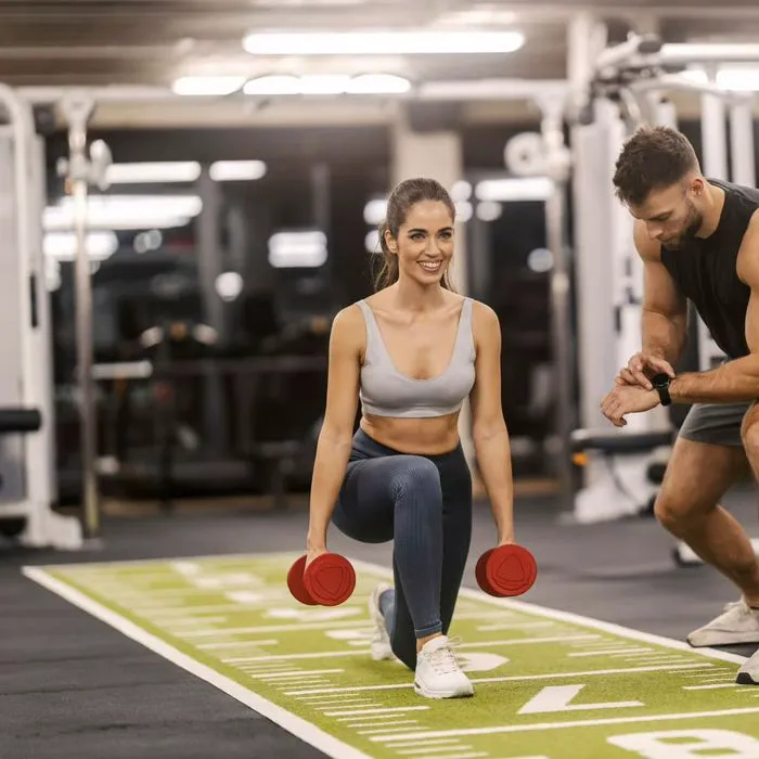 "Woman walking on a treadmill with a smile"