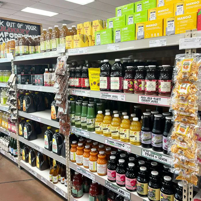 fruit juice aisle at trader joes
