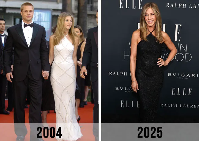 Jennifer Aniston 2004 vs 2025 halter dress