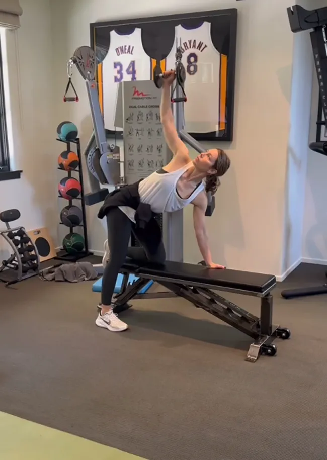 "Jessica Biel working out arms with weights via Instagram video"