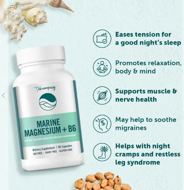 "BB Company's Marine Magnesium + B6 supplement bottle"