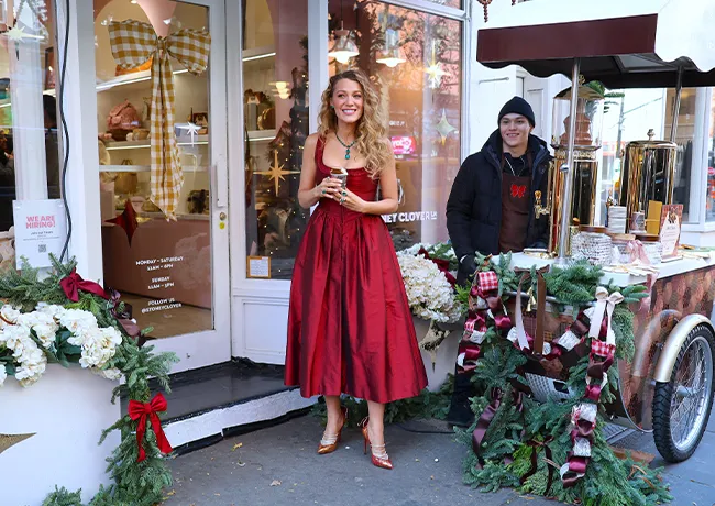Blake Lively at Stoney Clover Lane store in New York red dress