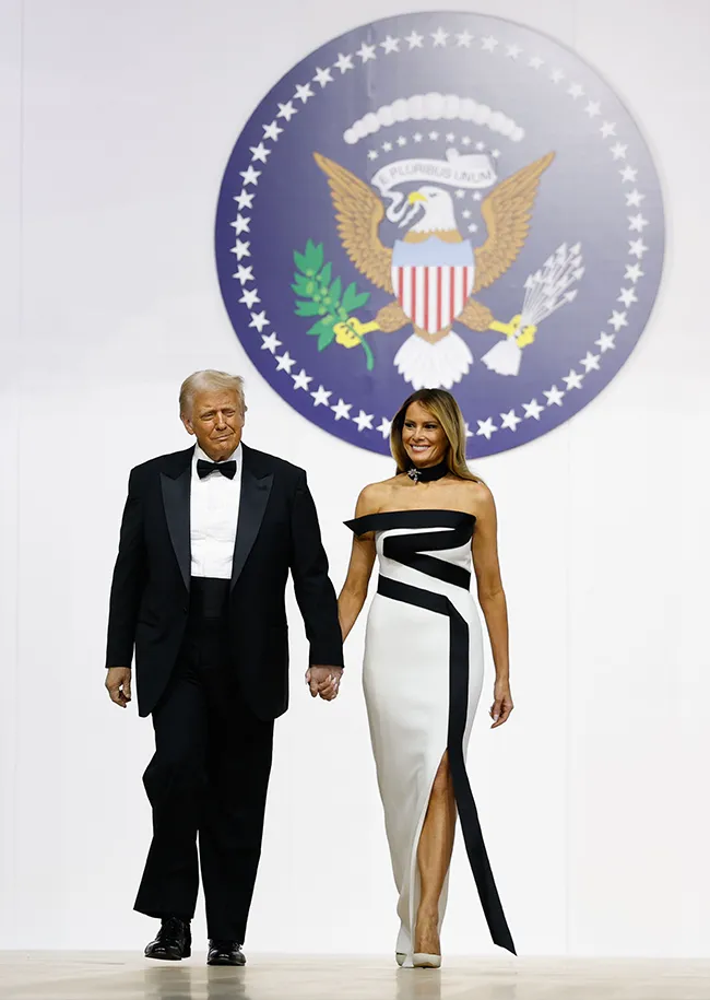 Donald Trump and Melania Trump inauguration 2025 black and white dress