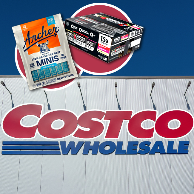 Costco storefront with beef stick minis and Oikos yogurt.