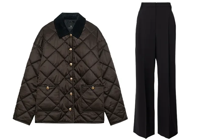Meghan Markle Anine Bing padded Luca jacket Brunello Cucinelli satin slouchy trousers