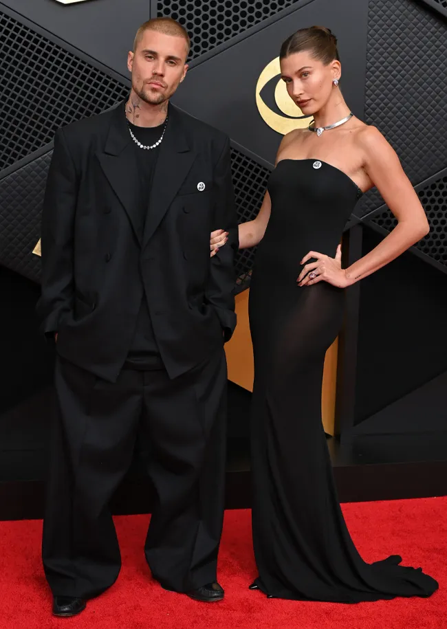Hailey Bieber and Justin Bieber Grammys red carpet 2026
