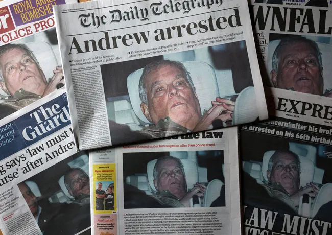Prince Andrew arrested newspaper deer in headlights