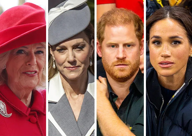 Prince Harry and Meghan Markle with Queen Camilla and Kate Middleton