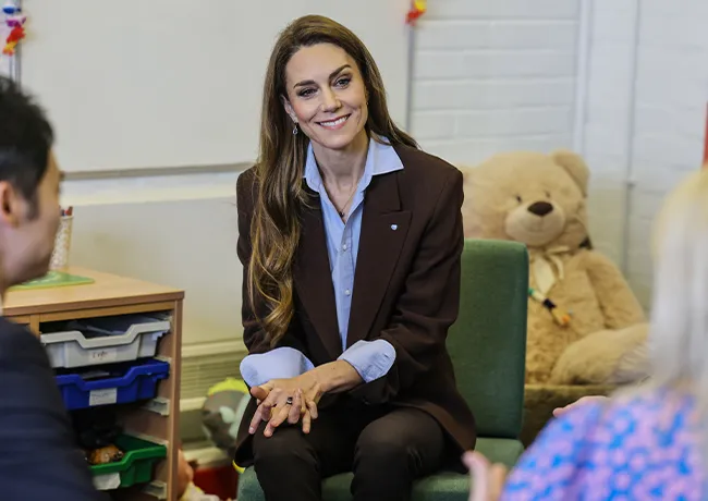 Kate Middleton brown blazer blue shirt Castle Hill Academy in New Addington