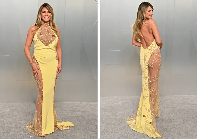 Heidi Klum Vanity Fair party yellow Chrome Hearts dress front and back