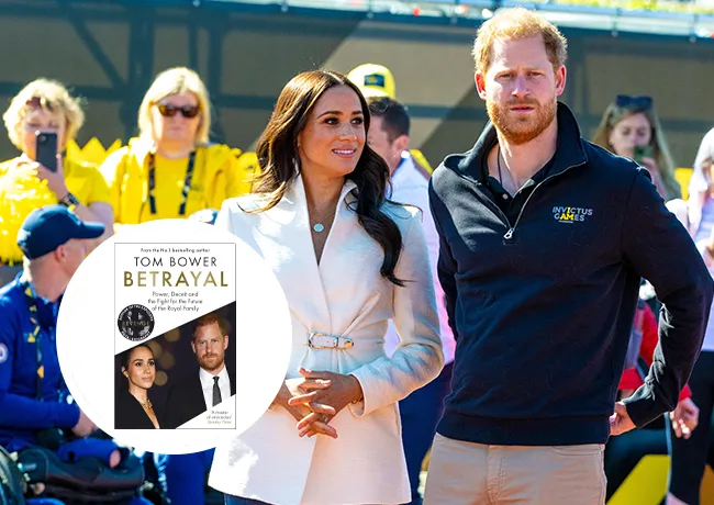 Prince Harry and Meghan Markle with Tom Bower's Betrayal book