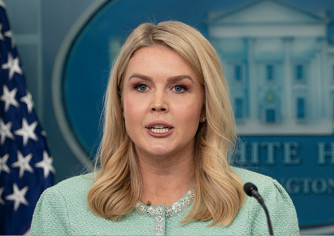 "Karoline Leavitt addressing the media during a daily press briefing"