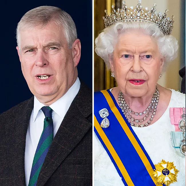 Prince Andrew with Queen Elizabeth at a royal event.