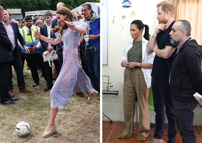 Kate Middleton kicking a ball in a dress and Meghan Markle