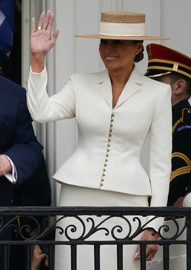 Melania Trump skirt suit wide brim hat state visit