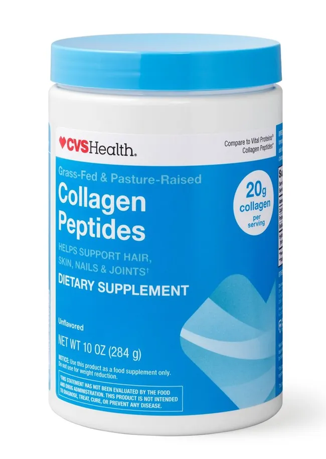 Packaging of CVS collagen peptides for skin health and beauty.