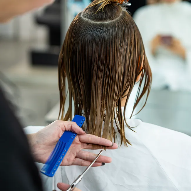 "Woman getting a haircut in a salon setting"