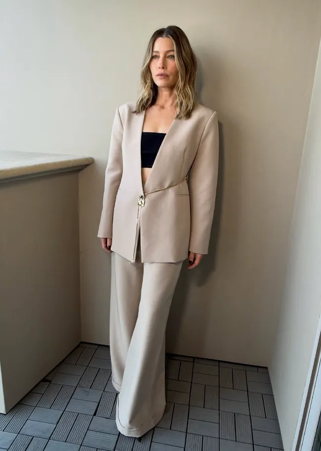 Jessica Biel beige suit Instagram