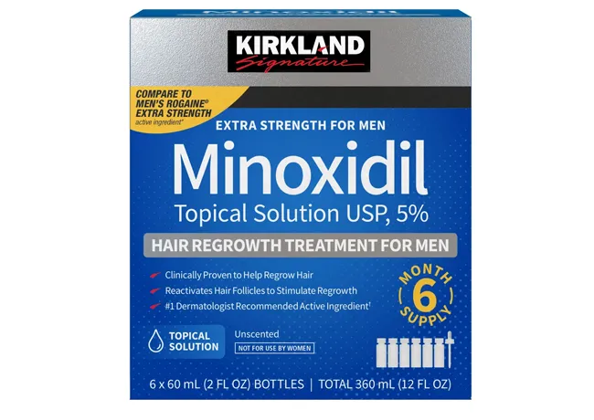 Minoxidil solution promoting hair growth and thickness.