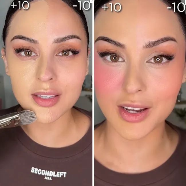"Comparison of older vs younger makeup looks by YouTuber Christen Dominique"