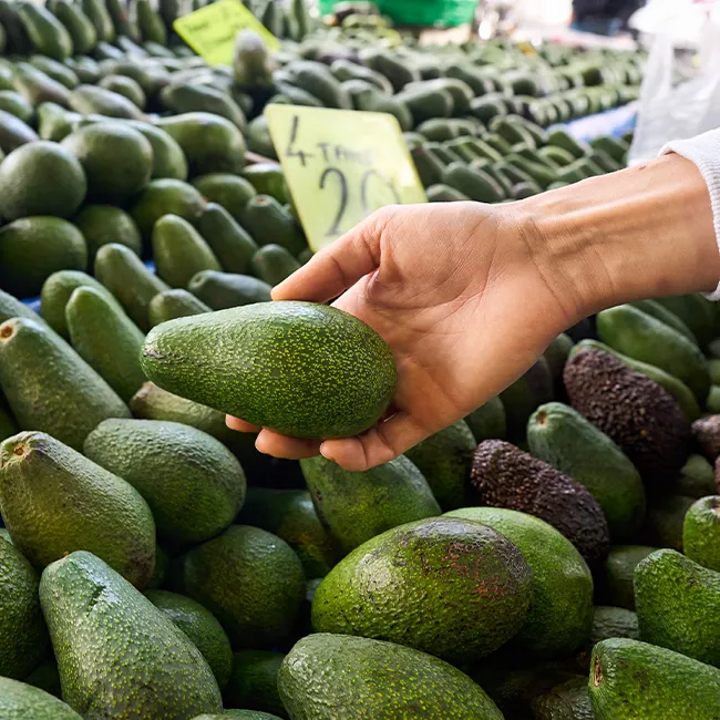 Shopper selecting an avocado for healthy meals.