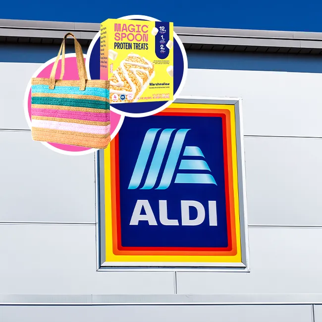 Straw tote with Magic Spoon protein treats from Aldi.