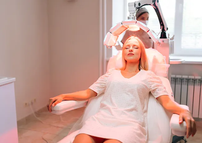 Woman using red light therapy for hair restoration.