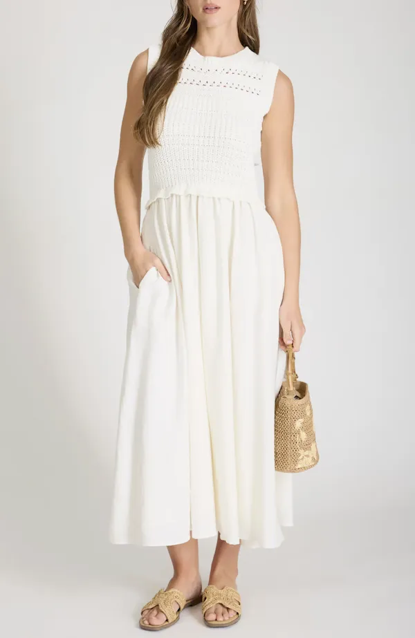 Chic mixed media maxi dress for a fashionable look.