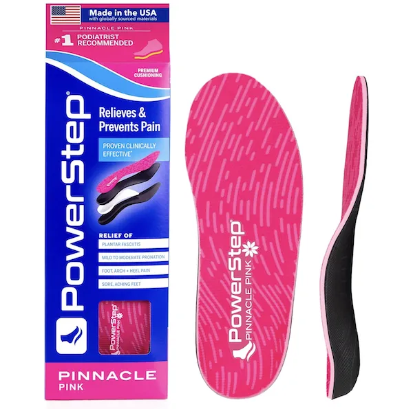 "PowerStep Pinnacle Pink orthotics for women in use"