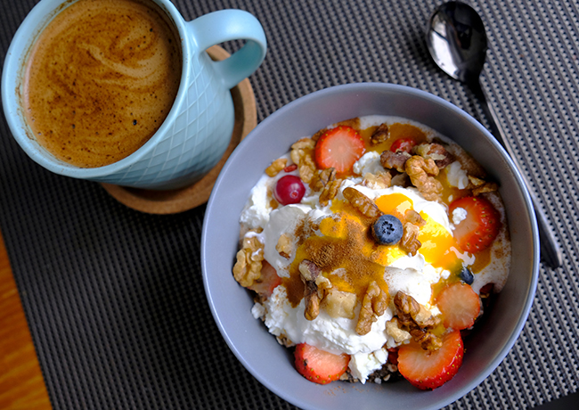 "Greek yogurt parfait with berries, walnuts, and chia seeds"