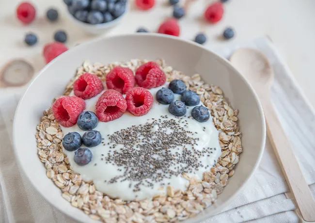 "Oatmeal with yogurt, berries, and chia seeds"
