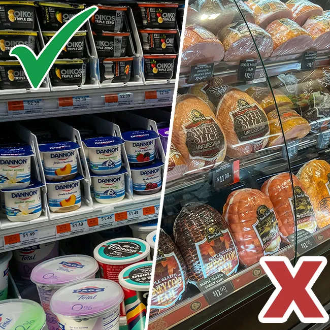 "Different types of yogurt with processed meats on the table"